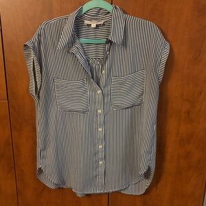 LOFT Navy and White Striped Button Down Shirt